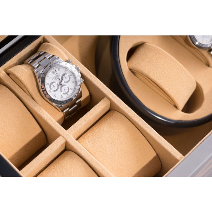 Bey-Berk 2-Watch Winder & 4-Watch Storage | Glass Top | Ebony Burl Wood | BB621EBN