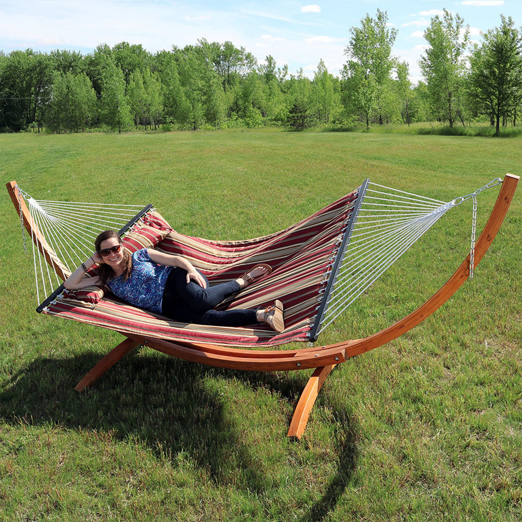 Quilted Fabric 2-Person Hammock | Curved Arc Wood Stand | 400 Pound Capacity