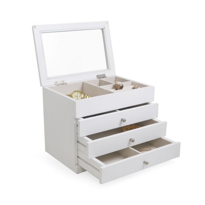 Bey-Berk Jewelry Box Chest | Drawers & Glass Top | White Wood | BB684WHT