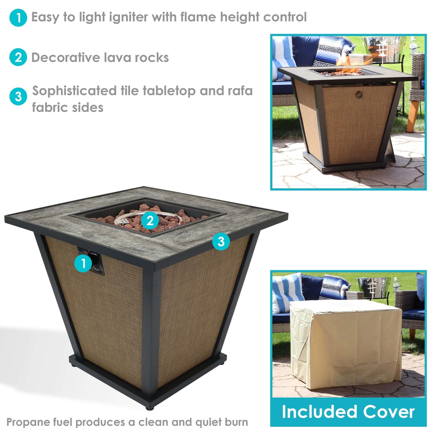 24" Modern Smokeless Fire Pit with Tile Tabletop and Rafa Fabric Sides