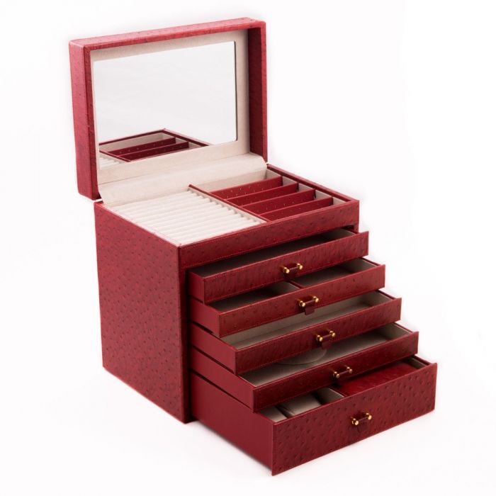 Bey-Berk Jewelry Box Chest | Drawers and Travel Case | Red Ostrich Leather | BB589RED