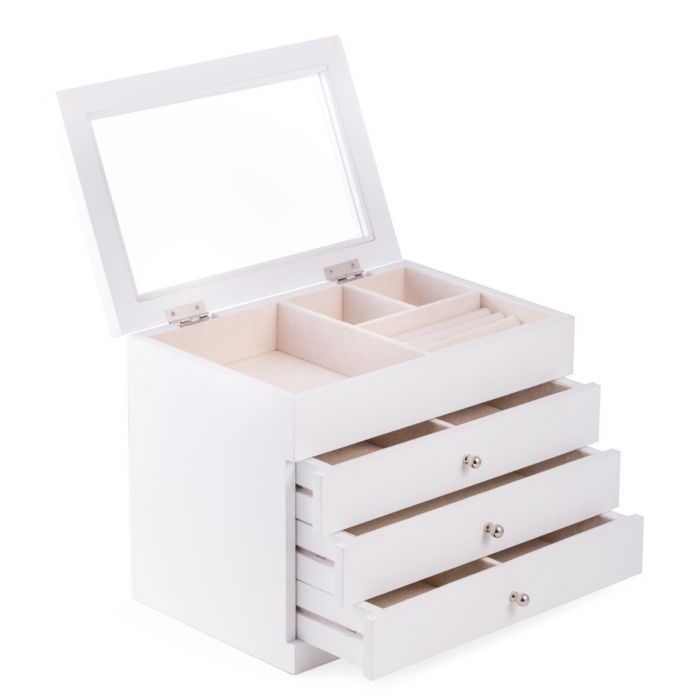 Bey-Berk Jewelry Box Chest | Drawers & Glass Top | White Wood | BB684WHT