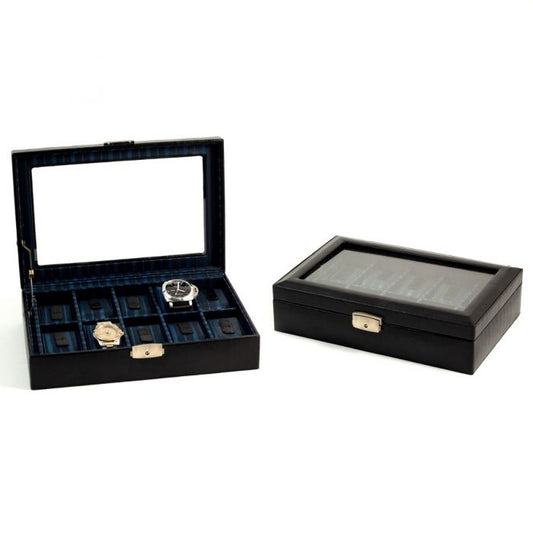 Bey-Berk 10-Watch Case | Glass Top | Black Leather | BB632BLK