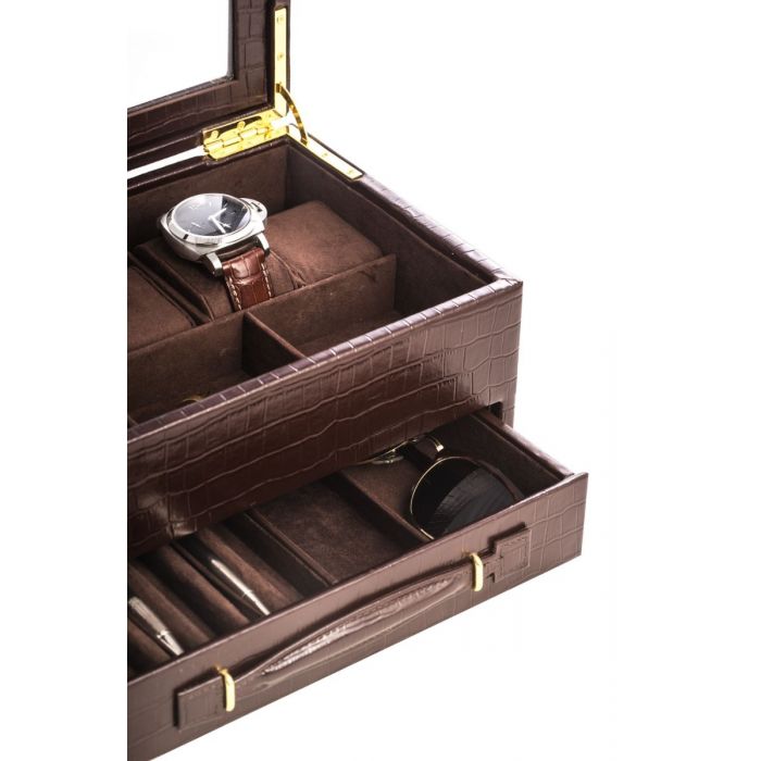 Bey-Berk 5-Watch Box | Drawer and Glass Top | Brown Croco Leather | BB547BRW