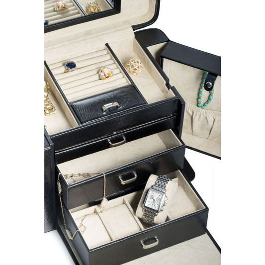 Bey-Berk 4 Level Jewelry Box with Travel Pouch, Black Lizard Leather- BB675BLK
