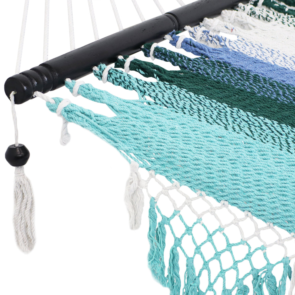 Woven Double Hammock with Spreader Bars | Crocheted Fringe Edges
