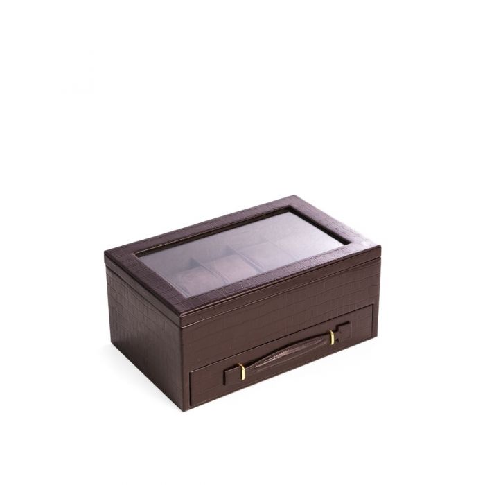 Bey-Berk 5-Watch Box | Drawer and Glass Top | Brown Croco Leather | BB547BRW