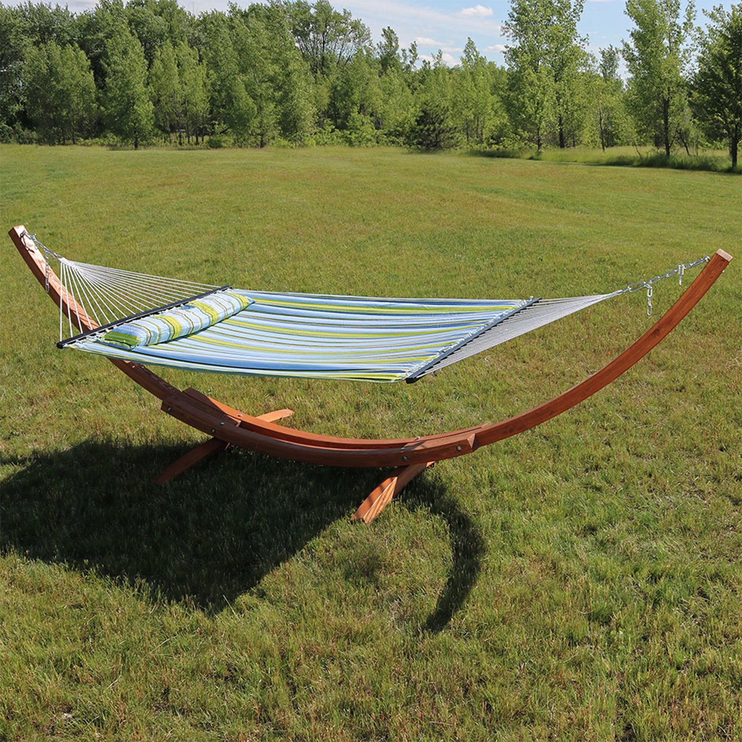 Quilted Fabric 2-Person Hammock | Curved Arc Wood Stand | 400 Pound Capacity