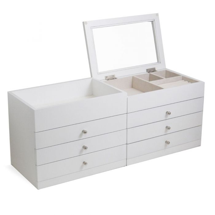 Bey-Berk Jewelry Box Chest | Drawers & Glass Top | White Wood | BB684WHT