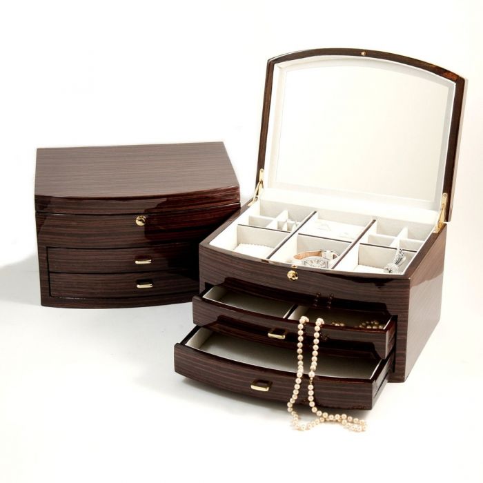 Bey-Berk Jewelry Box | Multi Compartments | Glass Top | Ebony Zebra Wood | BB594EBN