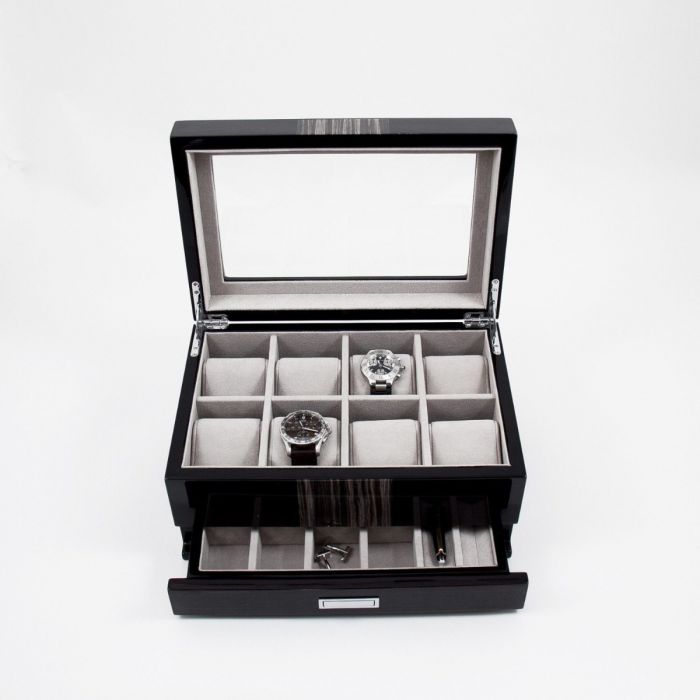 Bey-Berk “Braxton” 8-Watch Box | Glass Top and Drawer | BB634GRY