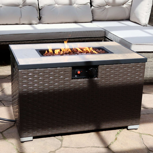 32" Tile Top Wicker Fire Pit Table | Resin Wicker and Lava Rocks | Smokeless