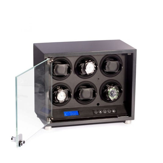 Bey-Berk 6-Watch Winder | Locking Glass Door | Carbon Fiber Finish | BB662STL