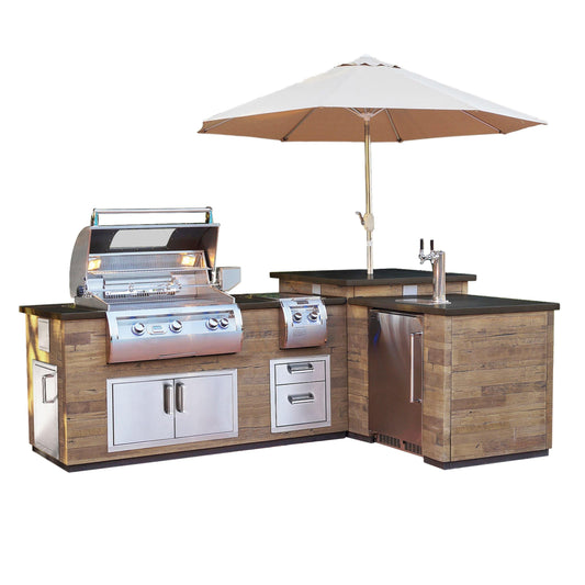 Fire Magic L Shape “Reclaimed Wood” Islands with French Barrel Oak or Silver Pine Base and Black Lava Polished Top