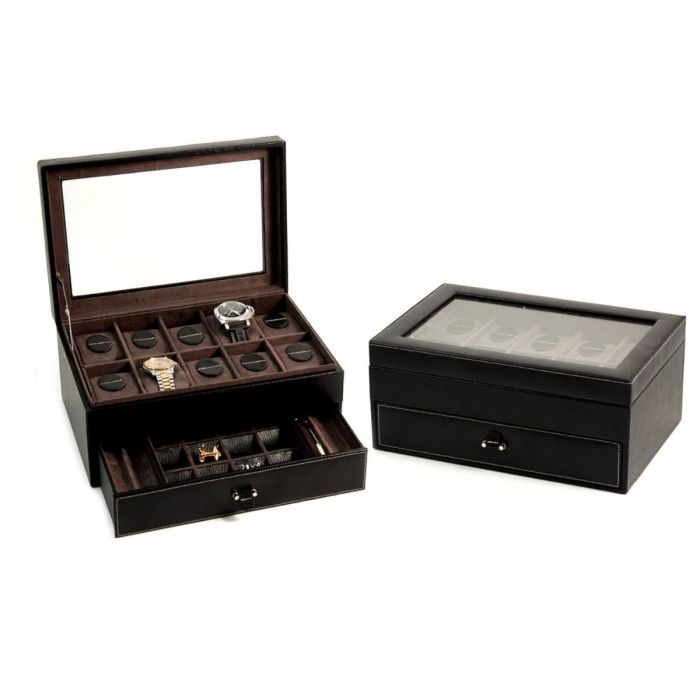 Bey-Berk 10-Watch Case | Glass Top and Drawer | Black Pebbled Leather | BB633BLK