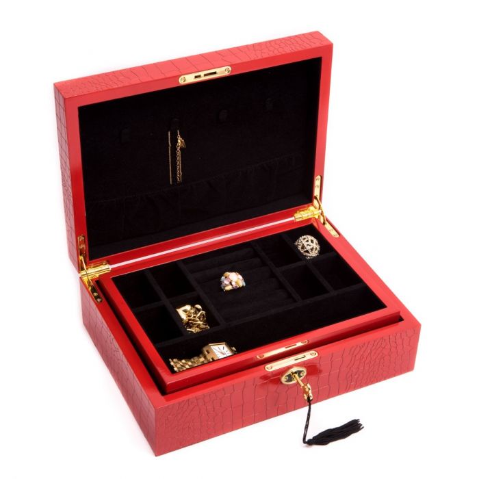 Bey-Berk Jewelry Box Chest | Valet Tray | Red Croco Wood | BB658RED