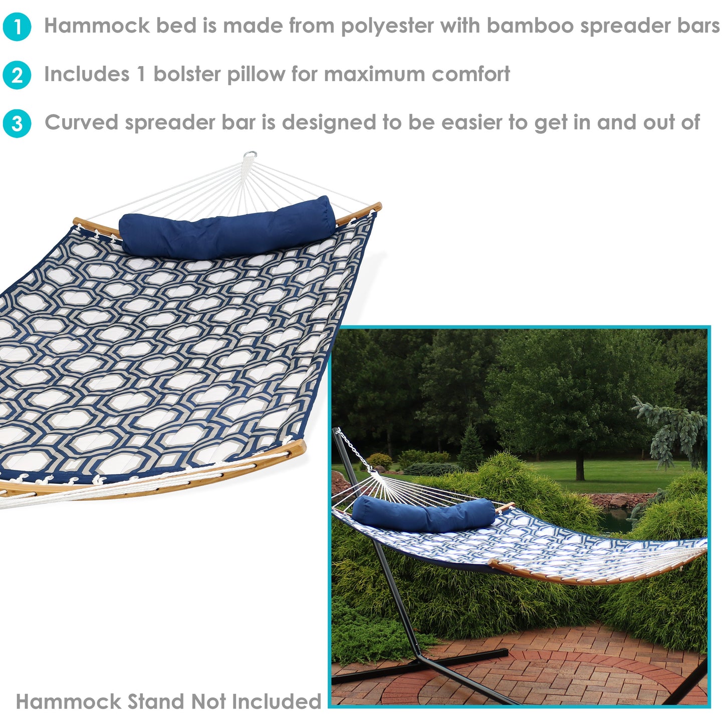 Quilted Hammock with Curved Bamboo Spreader Bar and Pillow