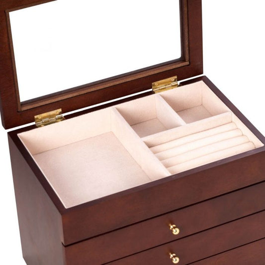 Bey-Berk Jewelry Box Chest | Glass Viewing Top and Drawers | Rosewood Finish | BB684BRW