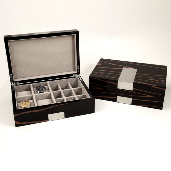 Bey-Berk Valet Box | 4 Watches & Cufflinks | Ebony Burl Wood | BB600EBN