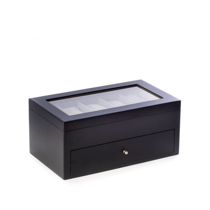 Bey-Berk 20-Watch Box | Glass Top & Drawer | Matte Black Wood | BB640BLK