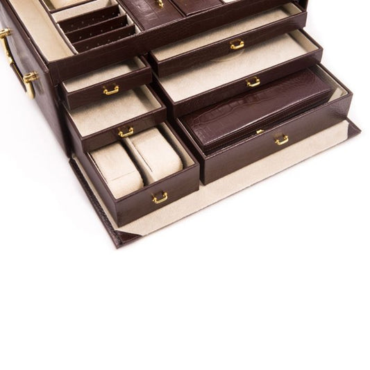 Bey-Berk Multi Storage Jewelry Box Chest | Mirror | Brown Croco Leather | BB581BRW