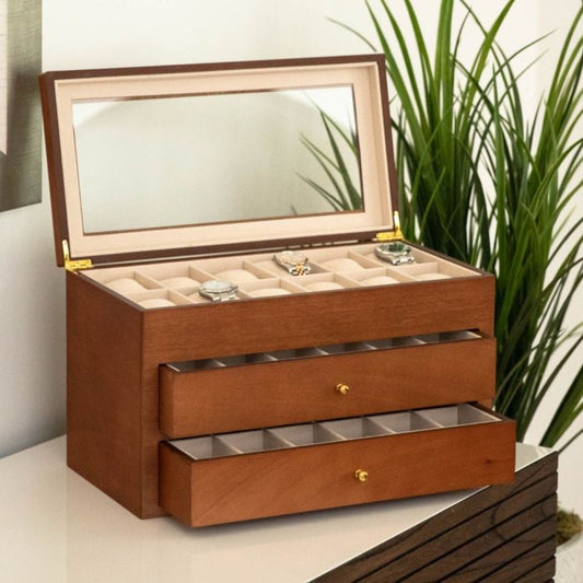 Bey-Berk 36-Watch Box | Glass Top & Drawers | Cherry Wood | BB686BRW