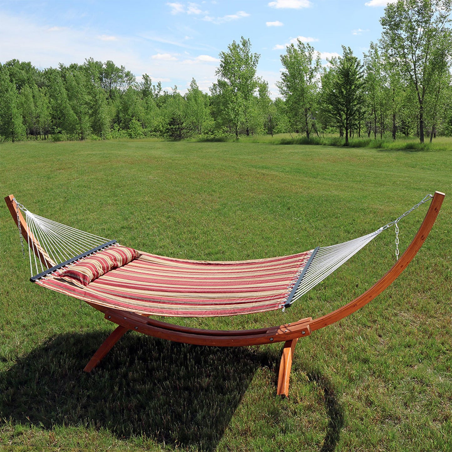 Quilted Fabric 2-Person Hammock | Curved Arc Wood Stand | 400 Pound Capacity