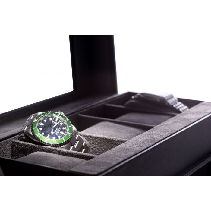 Bey-Berk "Viceroy" 4-Watch Winder & 5-Watch Storage Case | Glass Top | Black Leather | BB605BLK