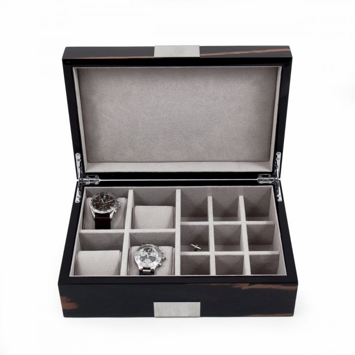 Bey-Berk Valet Box | 4 Watches & Cufflinks | Ebony Burl Wood | BB600EBN