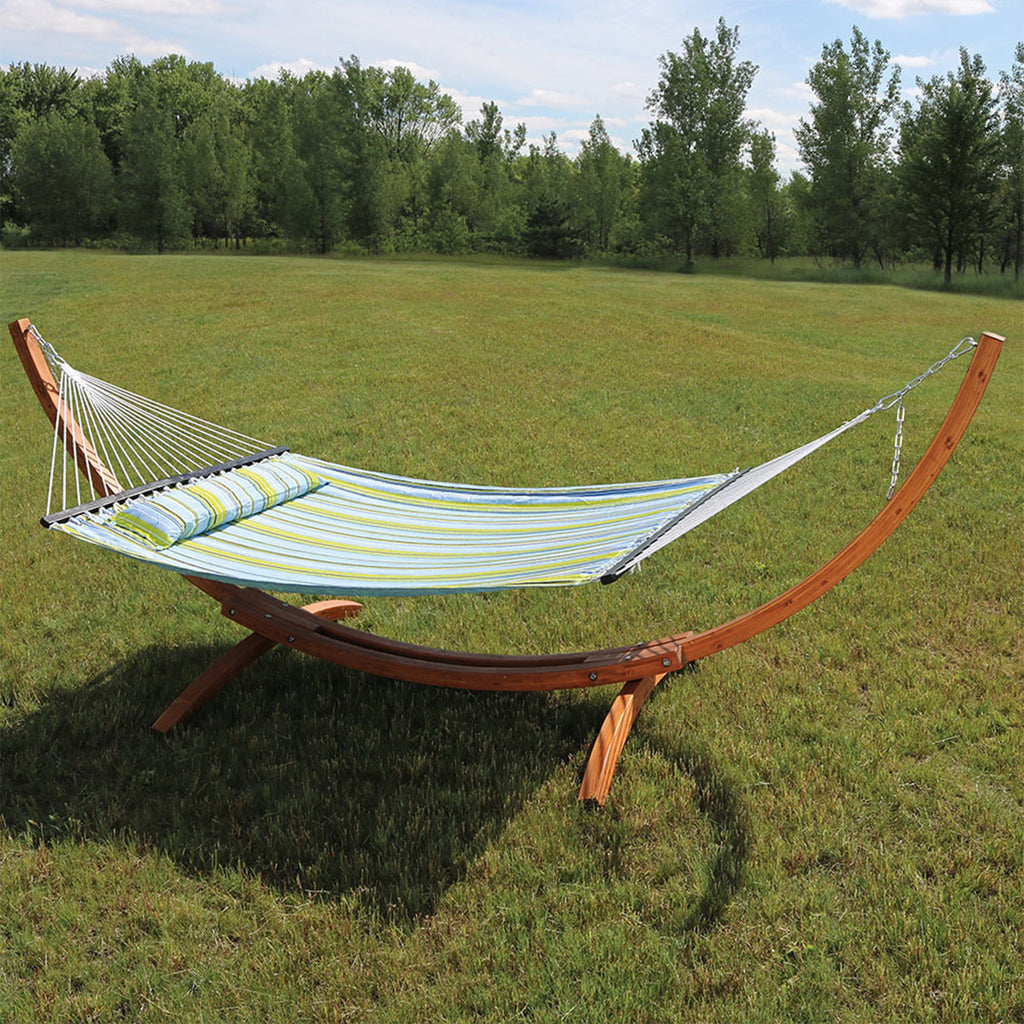 Quilted Fabric 2-Person Hammock | Curved Arc Wood Stand | 400 Pound Capacity