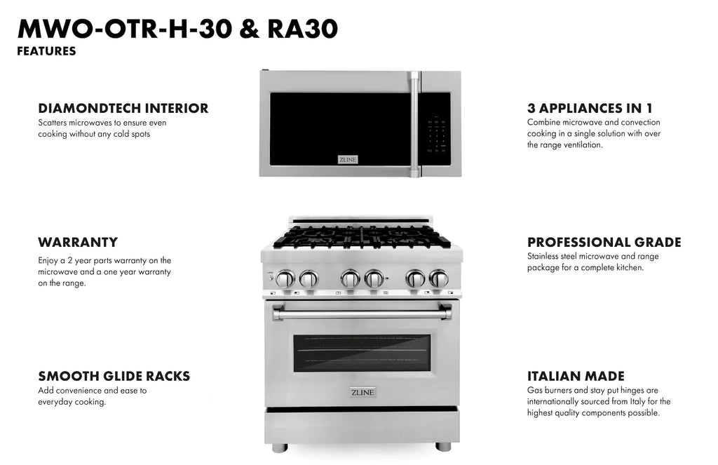 ZLINE 2 Piece Kitchen Package | Dual Fuel Range with Over the Range Microwave