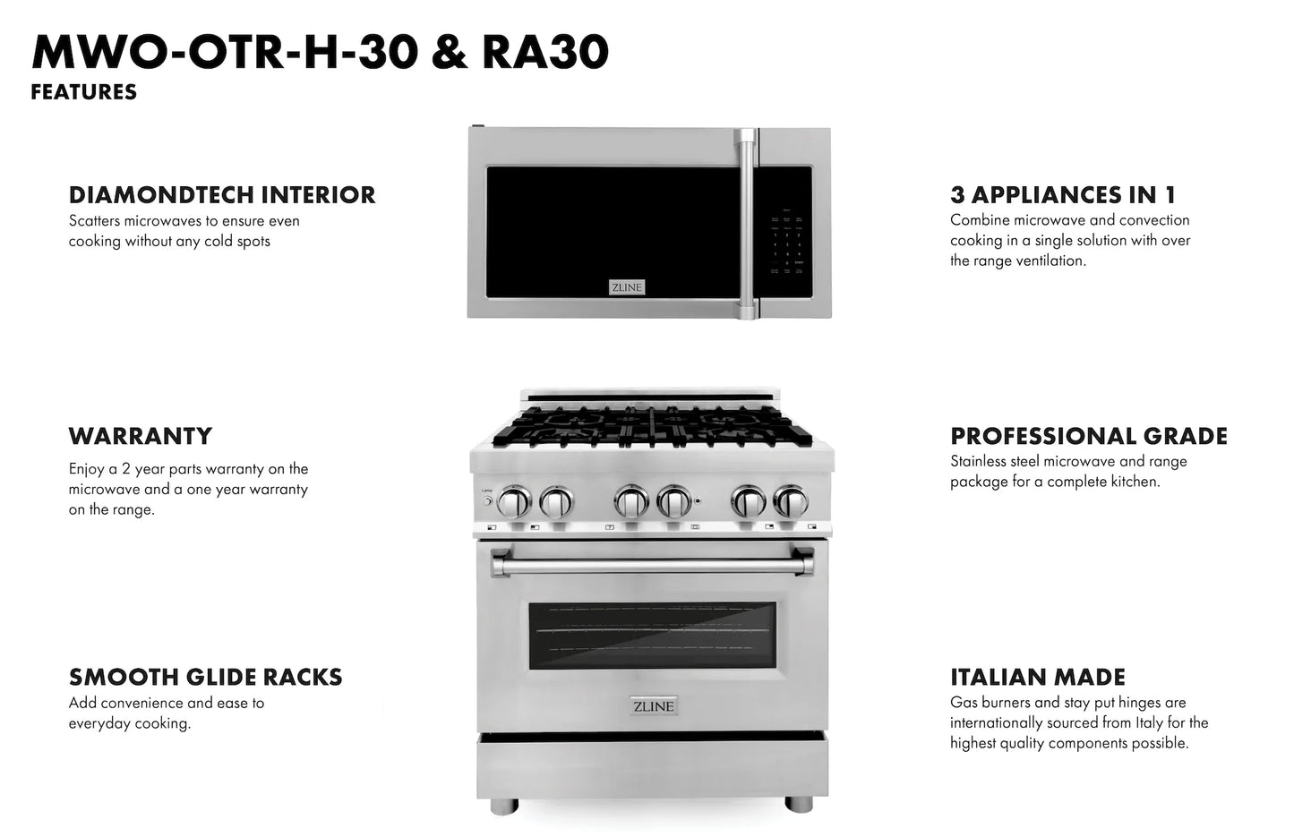 ZLINE 2 Piece Kitchen Package | Dual Fuel Range with Over the Range Microwave