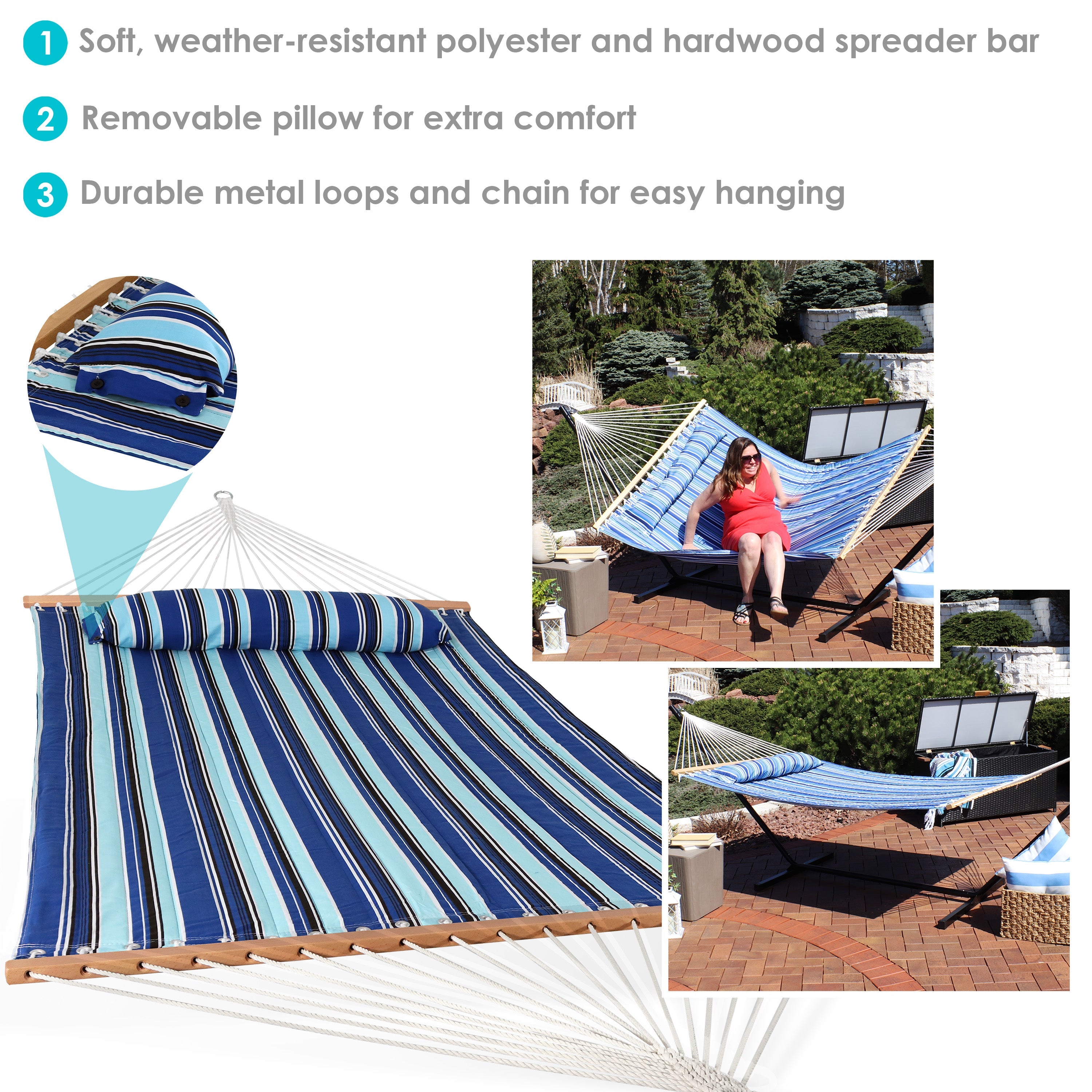 Double Hammock with Pillow | Quilted Fabric | Spreader Bars Included
