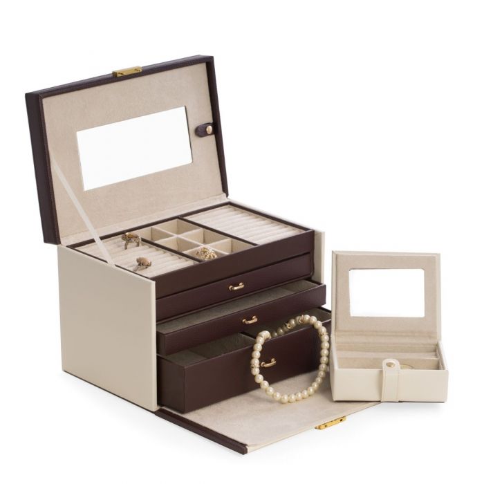Bey-Berk 4 Level Jewelry Box w/ Drawers | Travel Case | Ivory & Brown Leather | BB611IVR