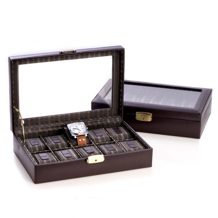 Bey-Berk 10-Watch Case | Glass Top | Brown Leather | BB632BRW