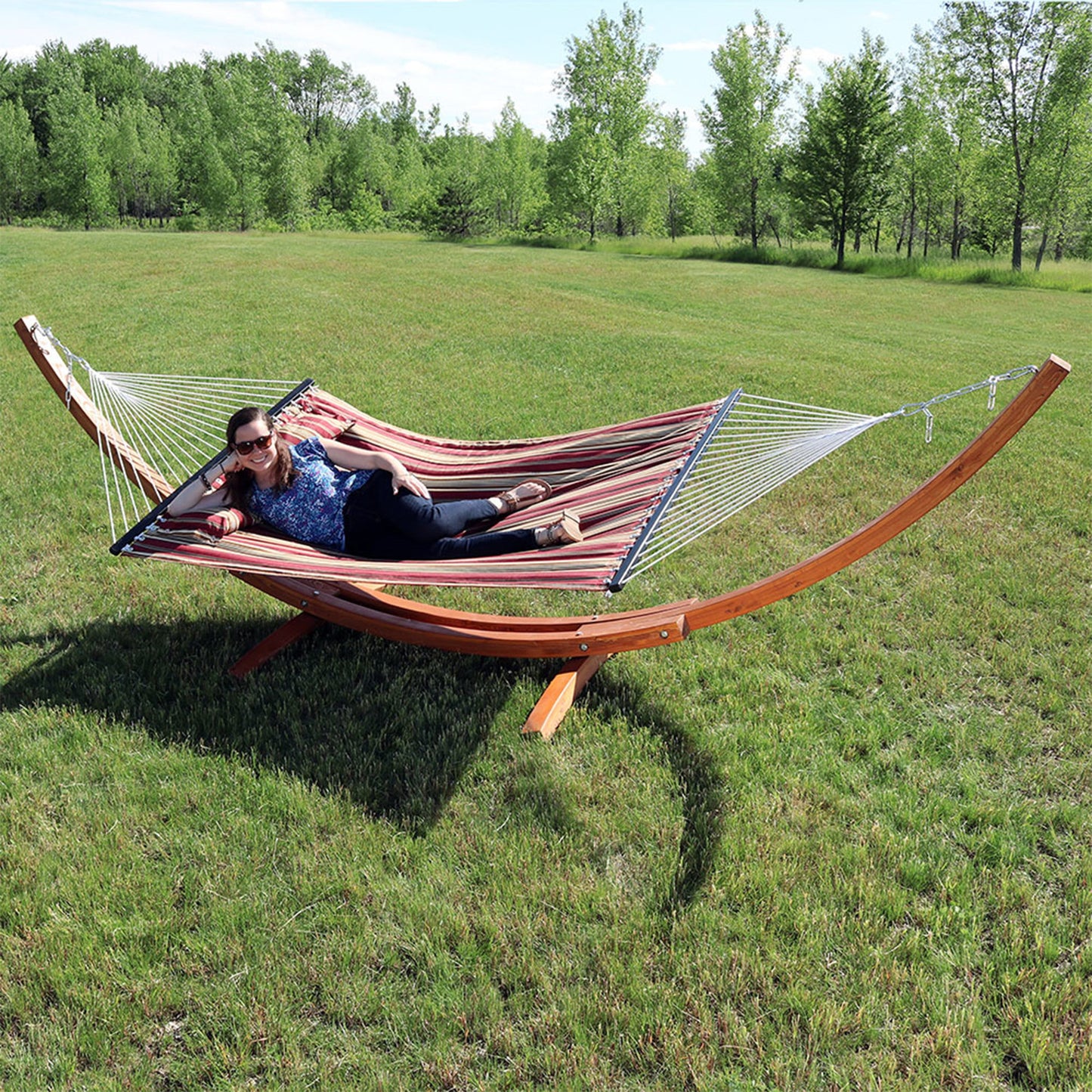 Quilted Fabric 2-Person Hammock | Curved Arc Wood Stand | 400 Pound Capacity