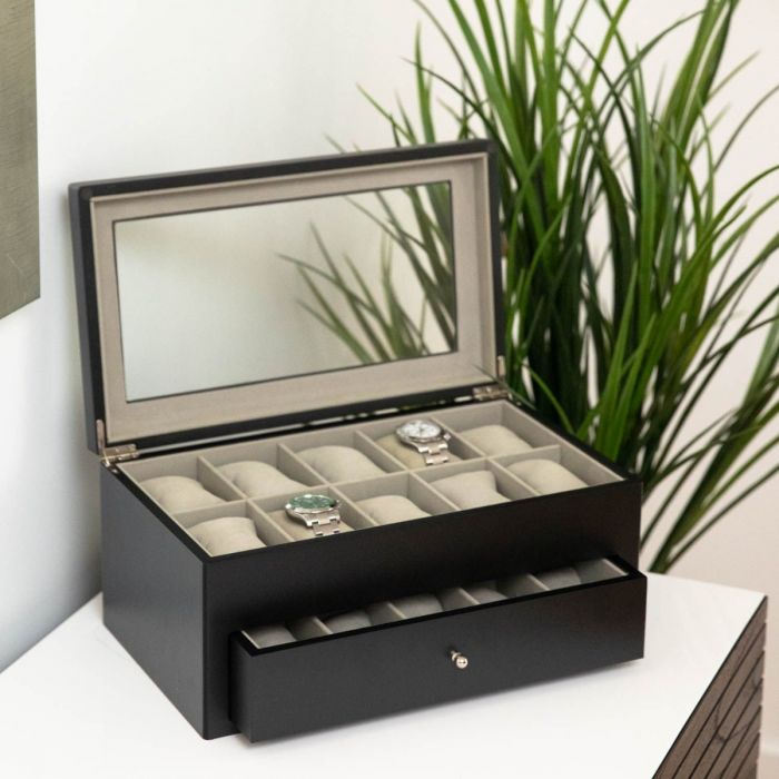 Bey-Berk 20-Watch Box | Glass Top & Drawer | Matte Black Wood | BB640BLK