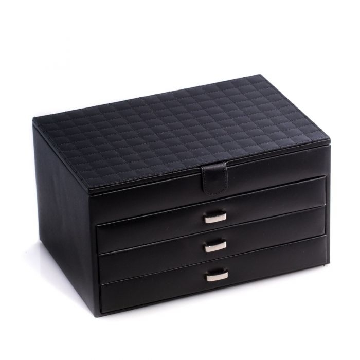 Bey-Berk 4 Level Jewelry Box | Multi Compartments | Glass Top | Black Leather | BB652BLK