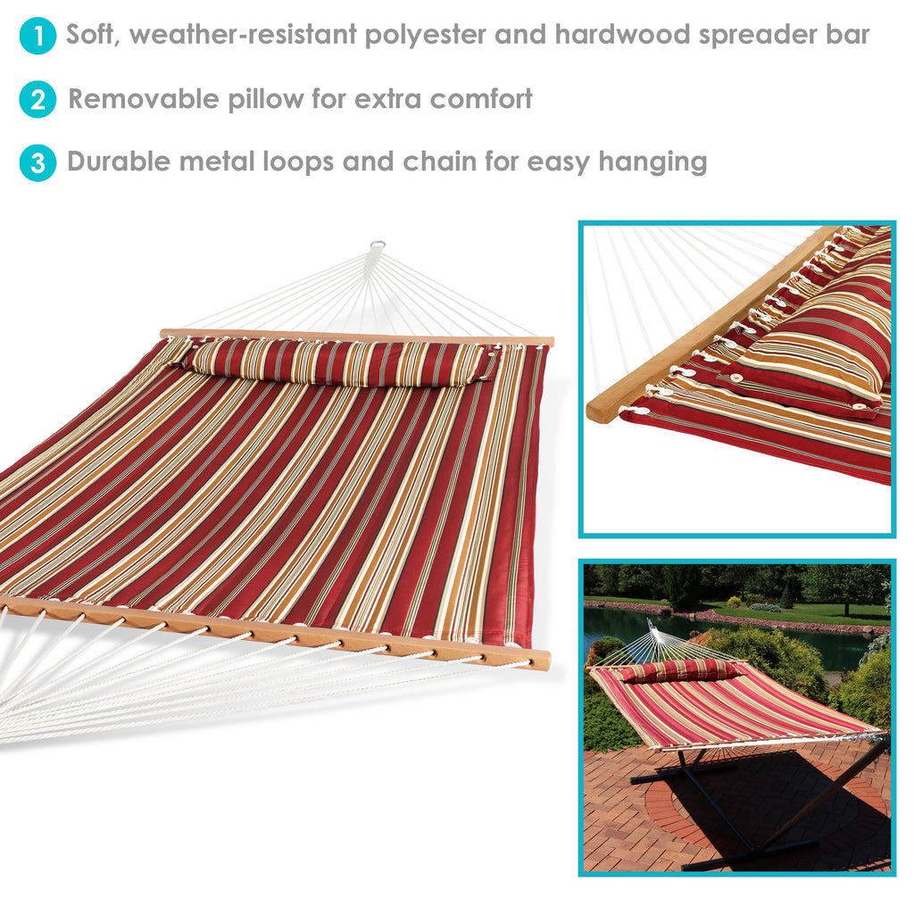 Double Hammock with Pillow | Quilted Fabric | Spreader Bars Included