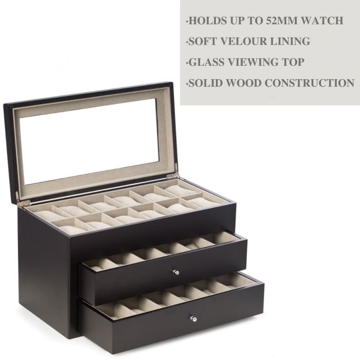 Bey-Berk 36-Watch Box | Glass Top & Drawers | Matte Black Wood | BB686BLK