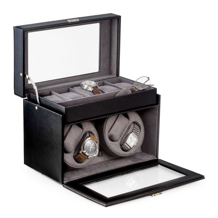 Bey-Berk "Viceroy" 4-Watch Winder & 5-Watch Storage Case | Glass Top | Black Leather | BB605BLK