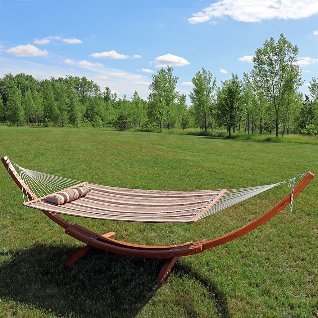 Quilted Fabric 2-Person Hammock | Curved Arc Wood Stand | 400 Pound Capacity