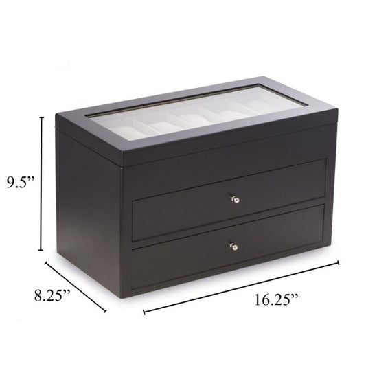 Bey-Berk 36-Watch Box | Glass Top & Drawers | Matte Black Wood | BB686BLK