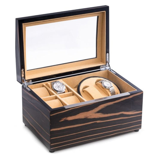 Bey-Berk 2-Watch Winder & 4-Watch Storage | Glass Top | Ebony Burl Wood | BB621EBN