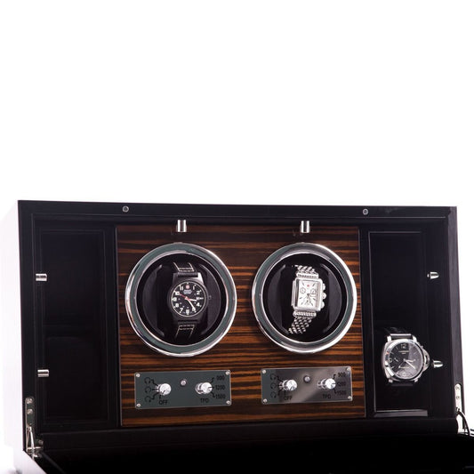 Bey-Berk 2-Watch Winder and 4 Watch Storage Case | Glass Face | Ebony Burlwood | BB650EBN