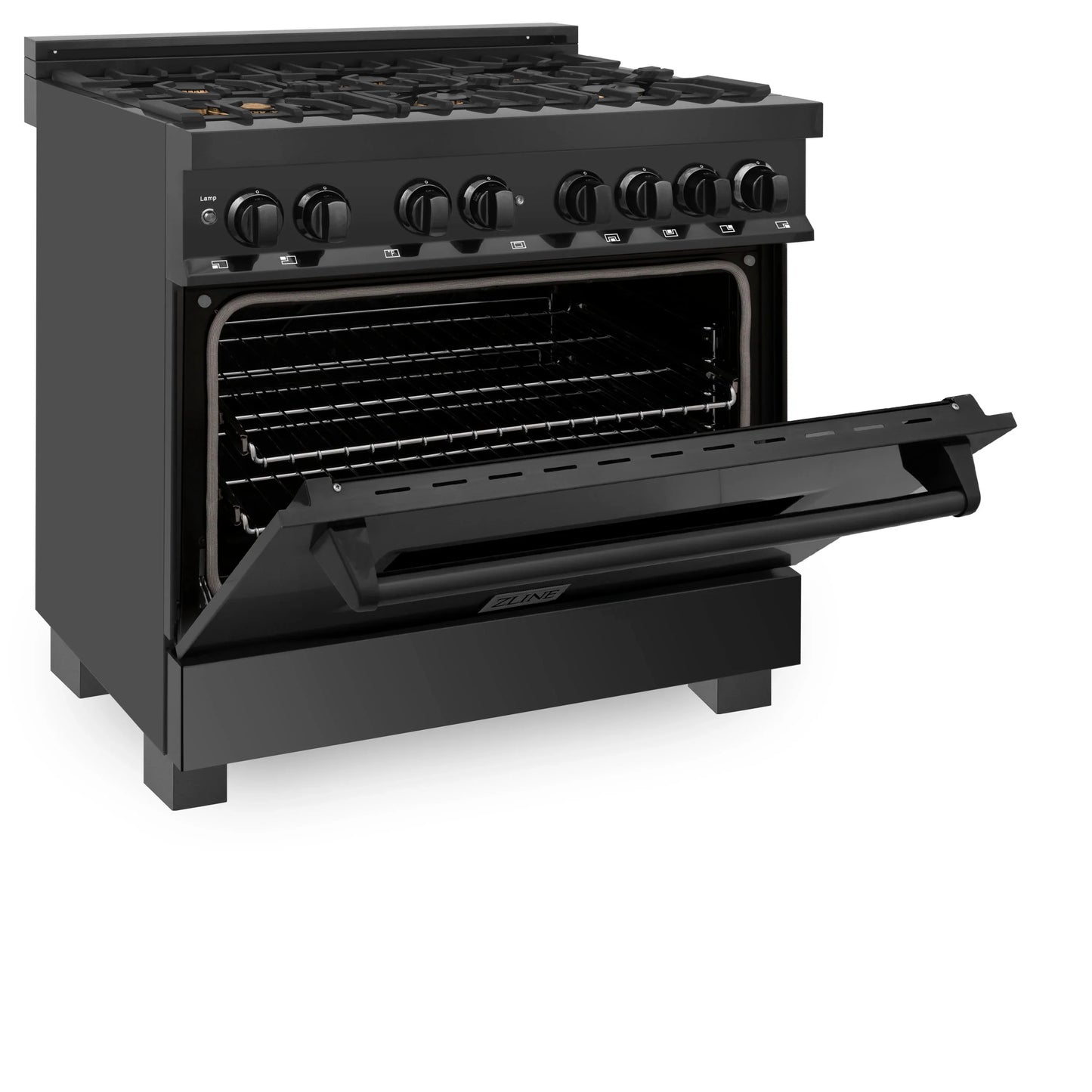 ZLINE 36" Dual Fuel Range with Gas Stove and Electric Oven in Black Stainless Steel with Brass Burners (RAB-BR-36)