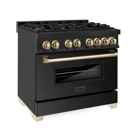 ZLINE 36" Autograph Edition Kitchen Package with Black Stainless Steel Dual Fuel Range and Range Hood with Gold Accents