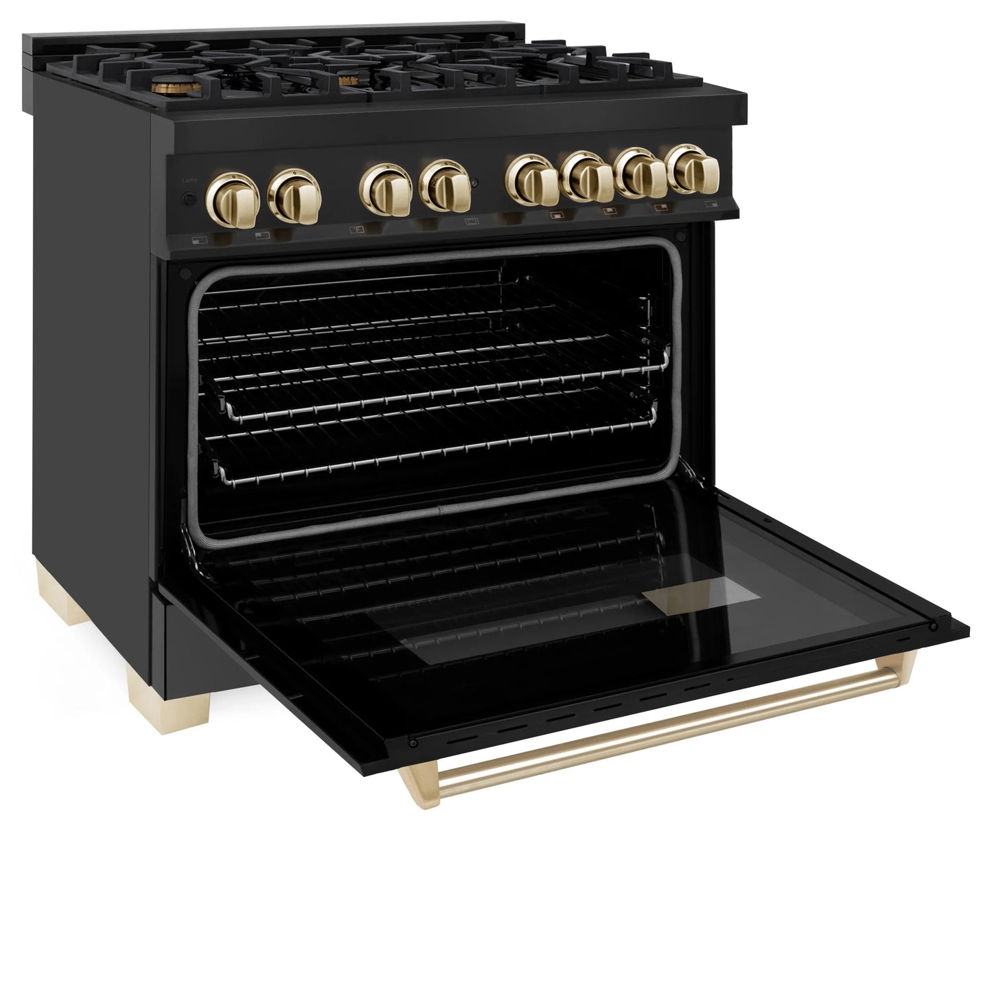 ZLINE 36" Autograph Edition Kitchen Package with Black Stainless Steel Dual Fuel Range and Range Hood with Gold Accents