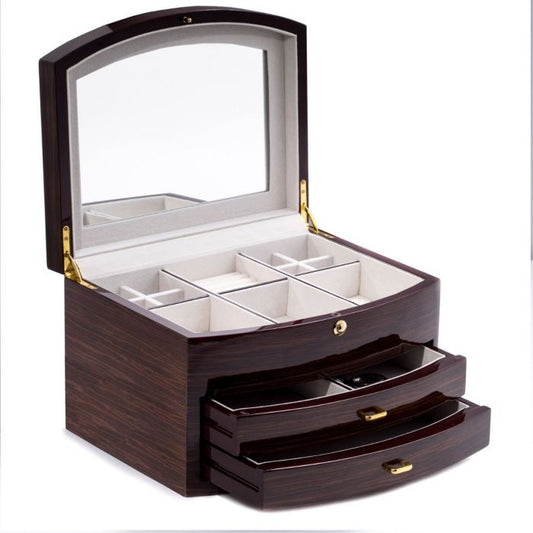 Bey-Berk Jewelry Box w/ Multi Compartments & Glass Top, Ebony Zebra Wood- BB594EBN
